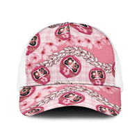Japanese Daruma Doll Palaka Baseball Net Cap Cherry Blossoms With Shell Lei LT14 One Size White Pink - Polynesian Pride