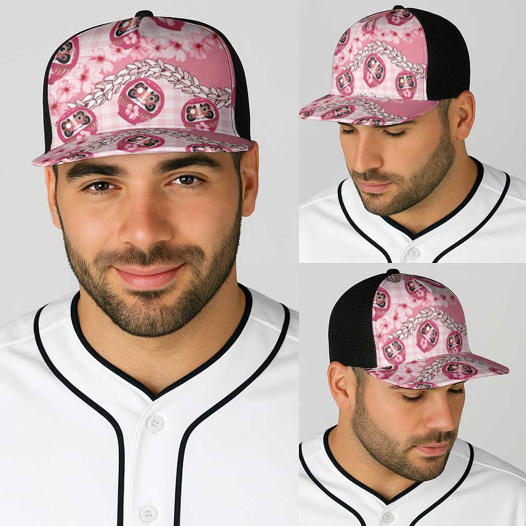 Japanese Daruma Doll Palaka Baseball Net Cap Cherry Blossoms With Shell Lei LT14 - Polynesian Pride
