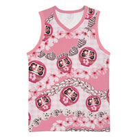 Japanese Daruma Doll Palaka Basketball Jersey Cherry Blossoms With Shell Lei LT14 Unisex Pink - Polynesian Pride