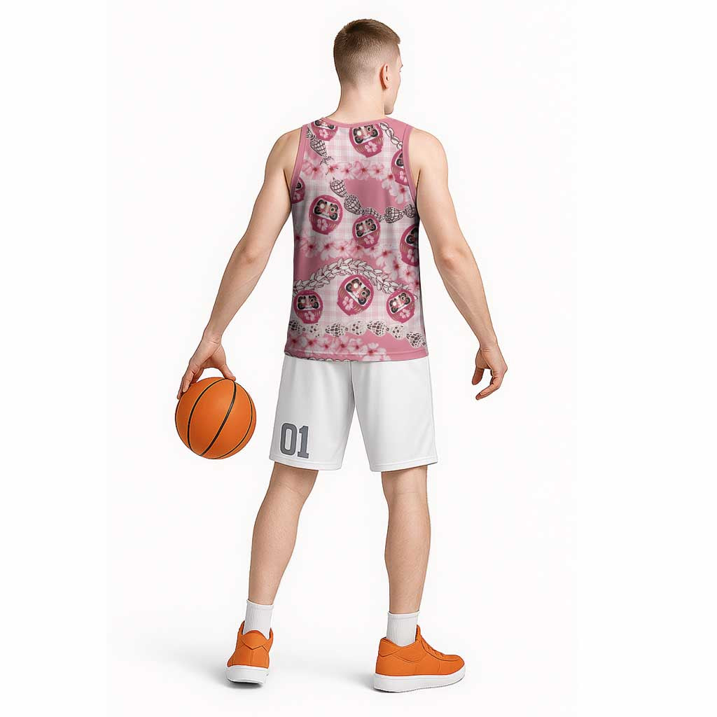 Japanese Daruma Doll Palaka Basketball Jersey Cherry Blossoms With Shell Lei LT14 - Polynesian Pride