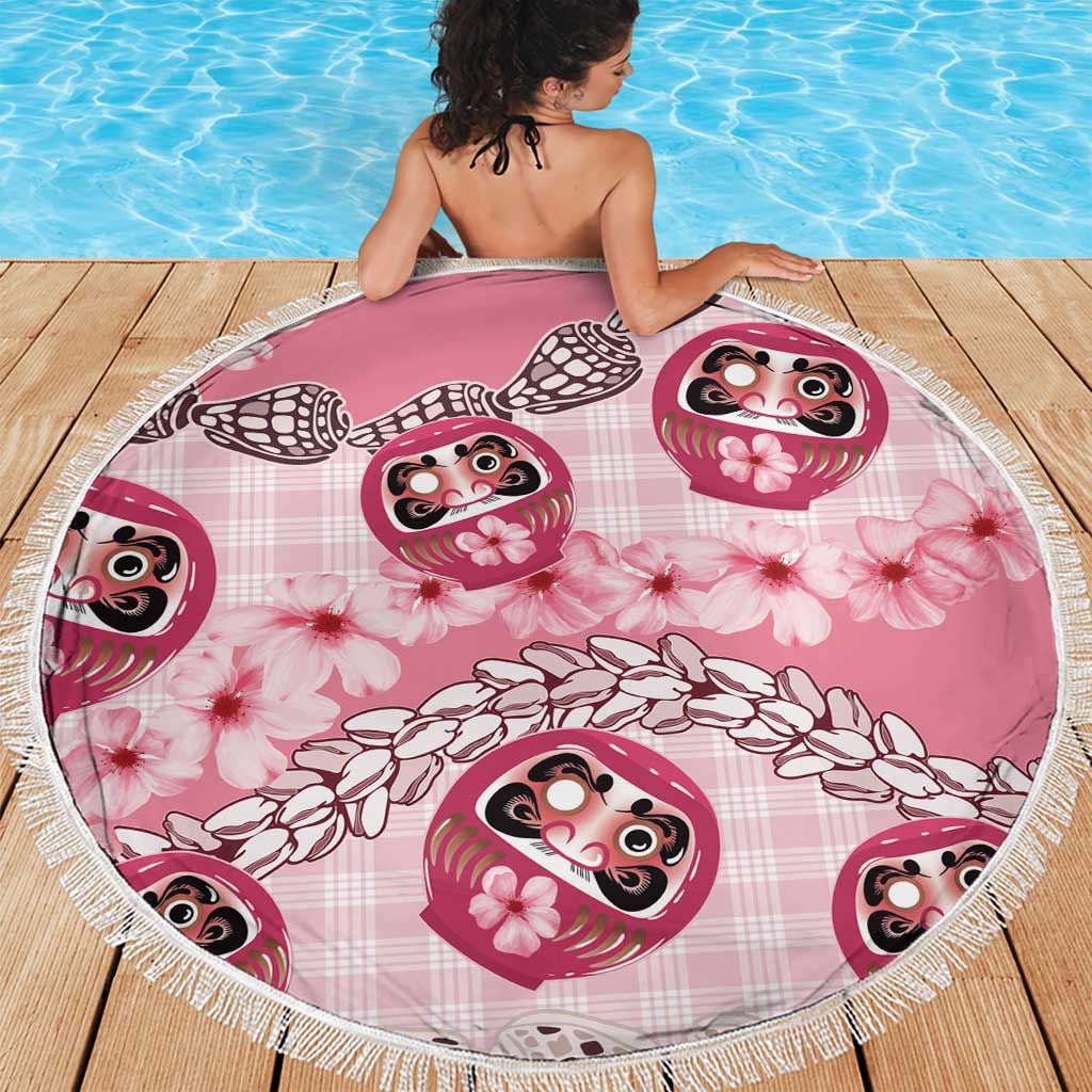 Japanese Daruma Doll Palaka Beach Blanket Cherry Blossoms With Shell Lei - Polynesian Pride