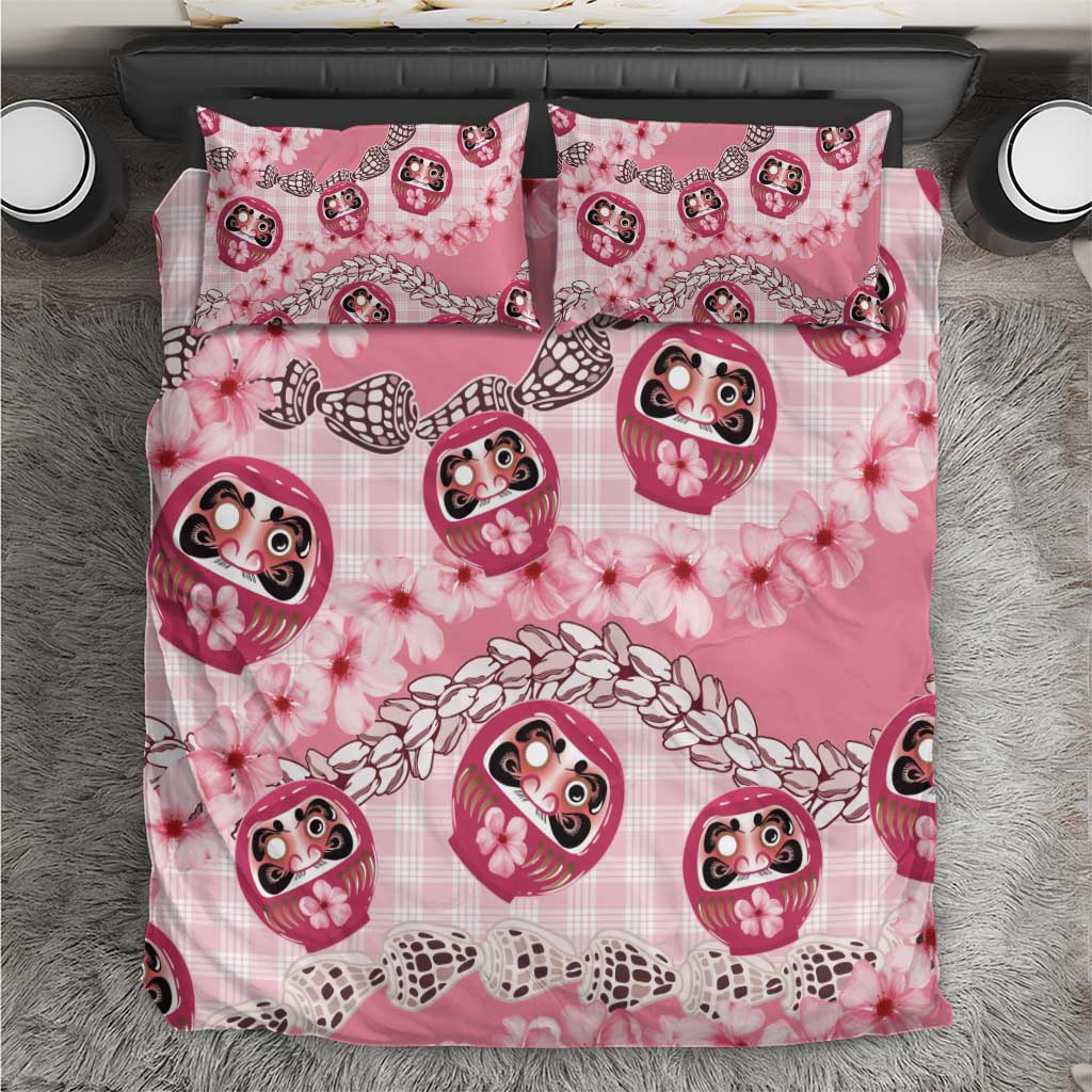 Japanese Daruma Doll Palaka Bedding Set Cherry Blossoms With Shell Lei - Polynesian Pride