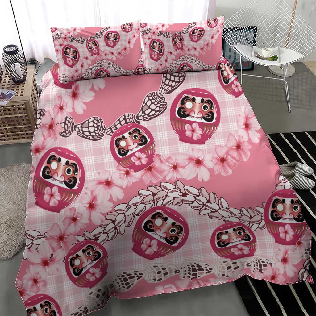 Japanese Daruma Doll Palaka Bedding Set Cherry Blossoms With Shell Lei - Polynesian Pride