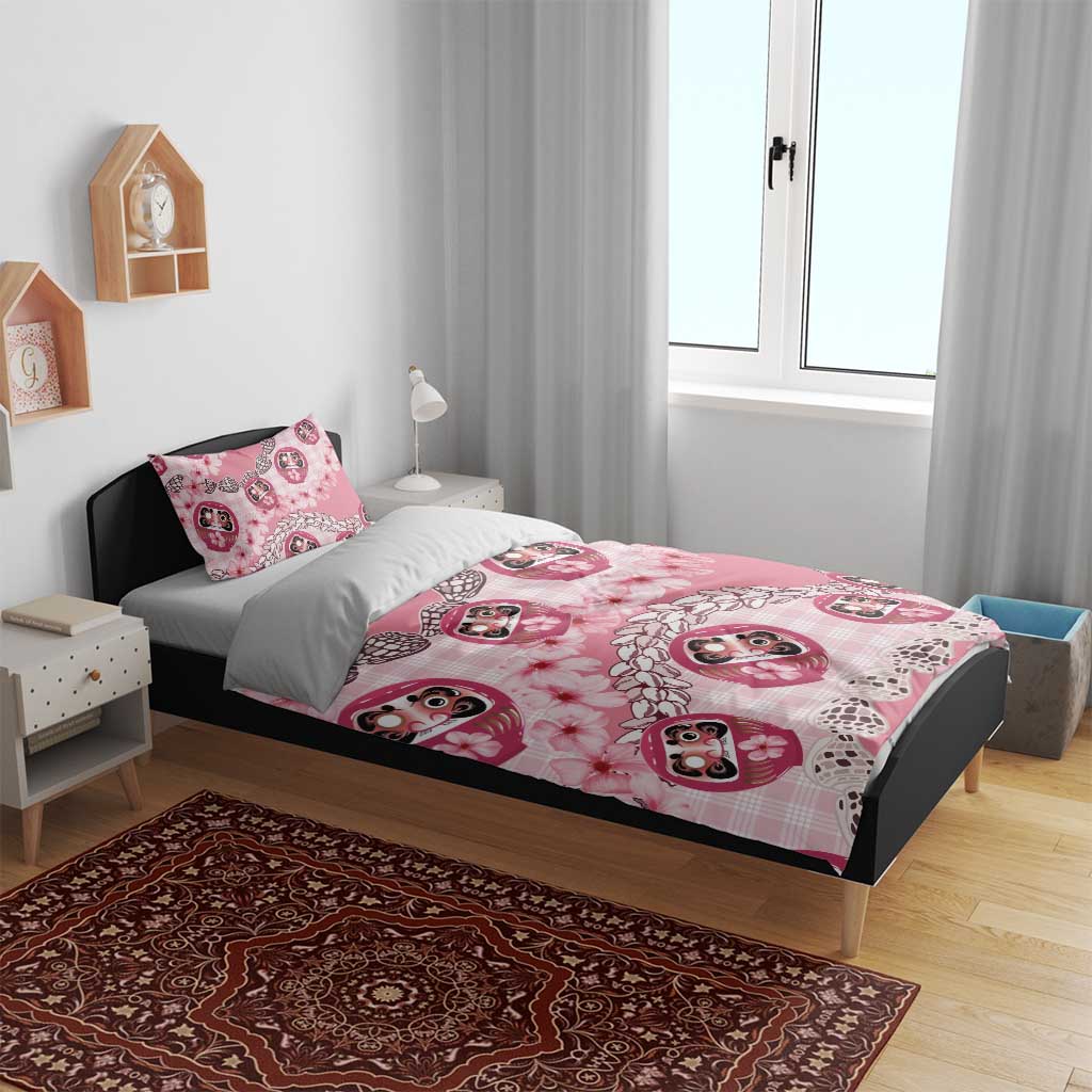 Japanese Daruma Doll Palaka Bedding Set Cherry Blossoms With Shell Lei - Polynesian Pride