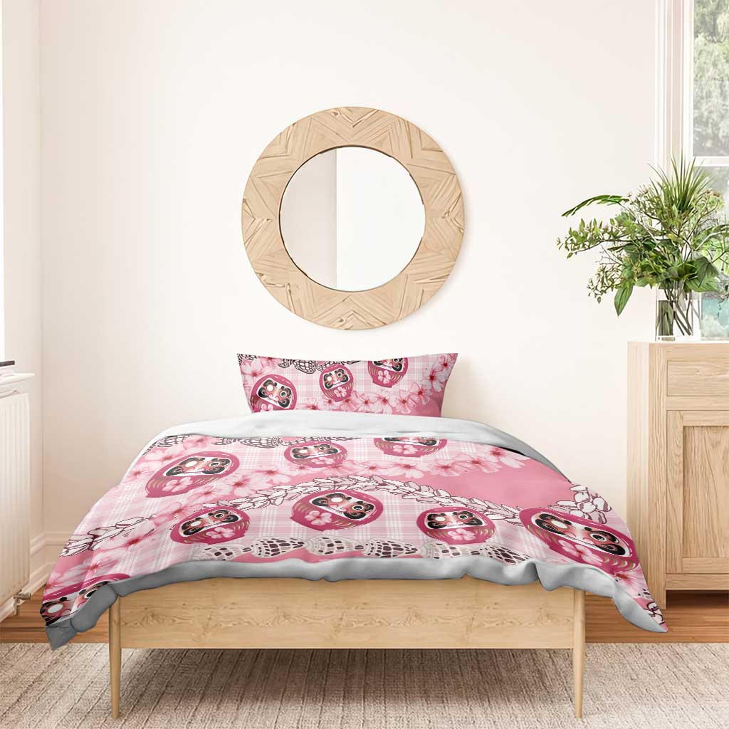 Japanese Daruma Doll Palaka Bedding Set Cherry Blossoms With Shell Lei - Polynesian Pride