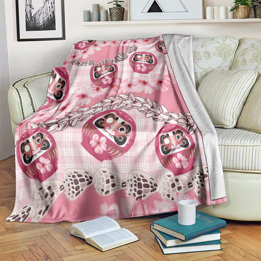 Japanese Daruma Doll Palaka Blanket Cherry Blossoms With Shell Lei - Polynesian Pride