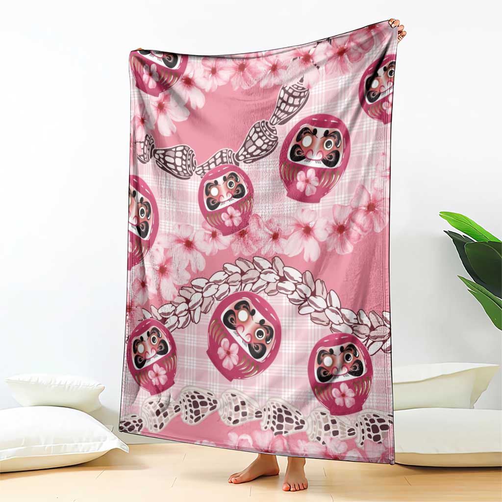 Japanese Daruma Doll Palaka Blanket Cherry Blossoms With Shell Lei - Polynesian Pride