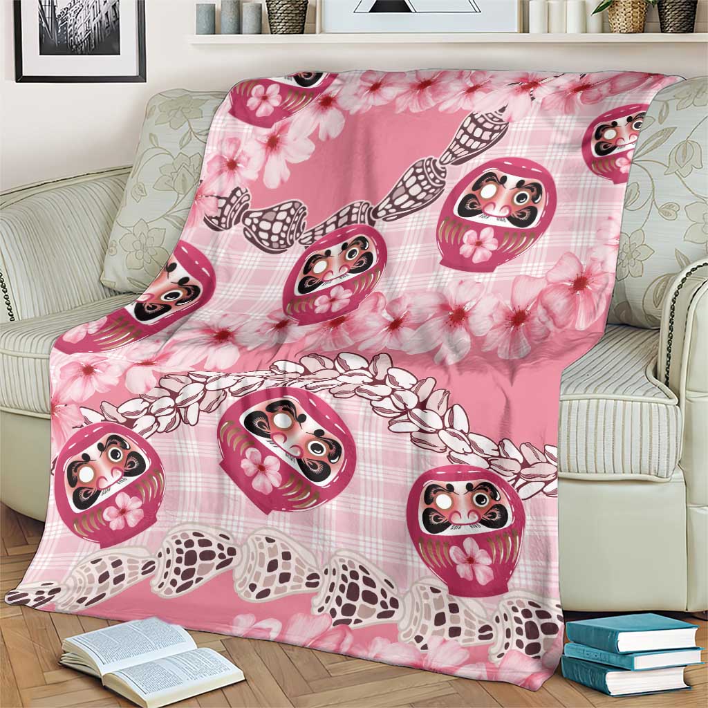Japanese Daruma Doll Palaka Blanket Cherry Blossoms With Shell Lei - Polynesian Pride