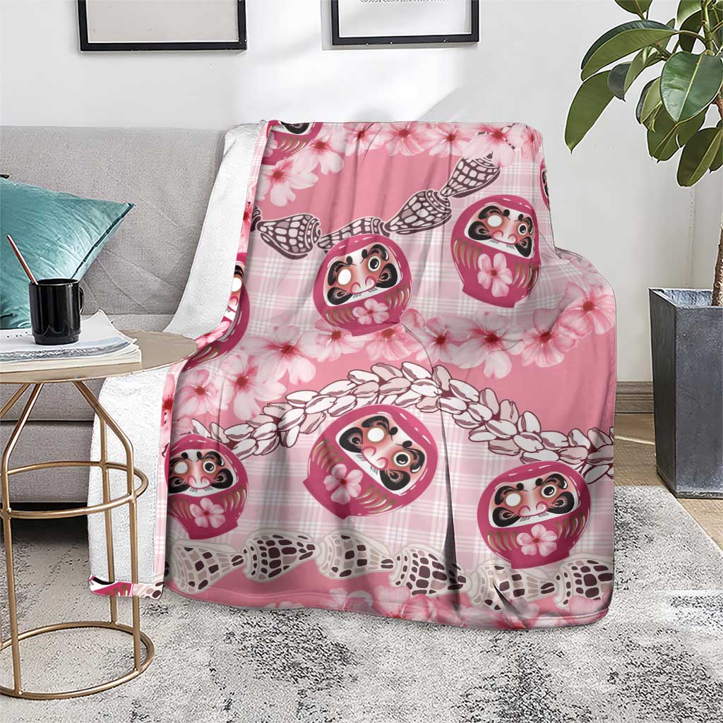 Japanese Daruma Doll Palaka Blanket Cherry Blossoms With Shell Lei - Polynesian Pride