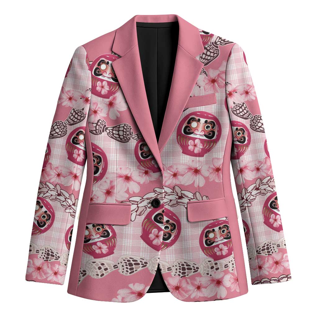 Japanese Daruma Doll Palaka Blazer Cherry Blossoms With Shell Lei LT14 Unisex Pink - Polynesian Pride