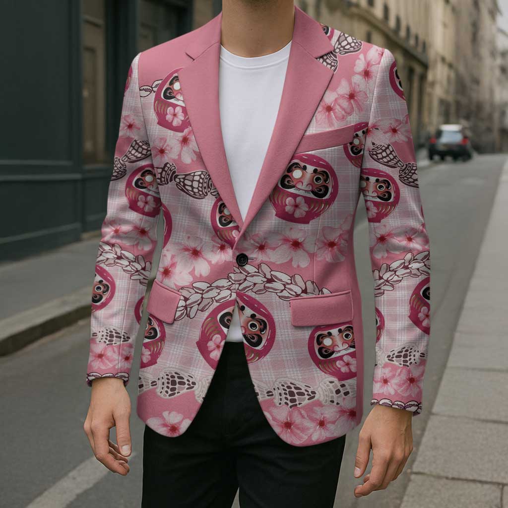 Japanese Daruma Doll Palaka Blazer Cherry Blossoms With Shell Lei LT14 - Polynesian Pride