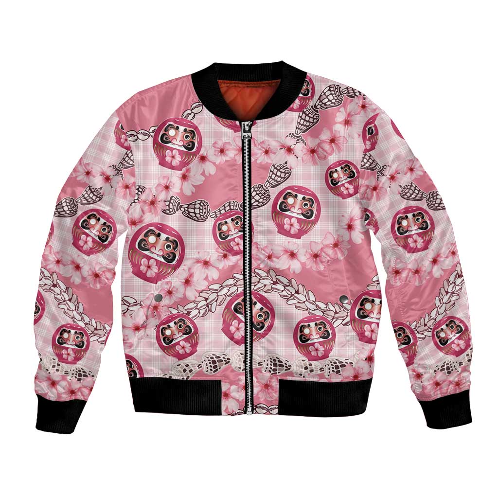 Japanese Daruma Doll Palaka Bomber Jacket Cherry Blossoms With Shell Lei LT14 Unisex Pink - Polynesian Pride