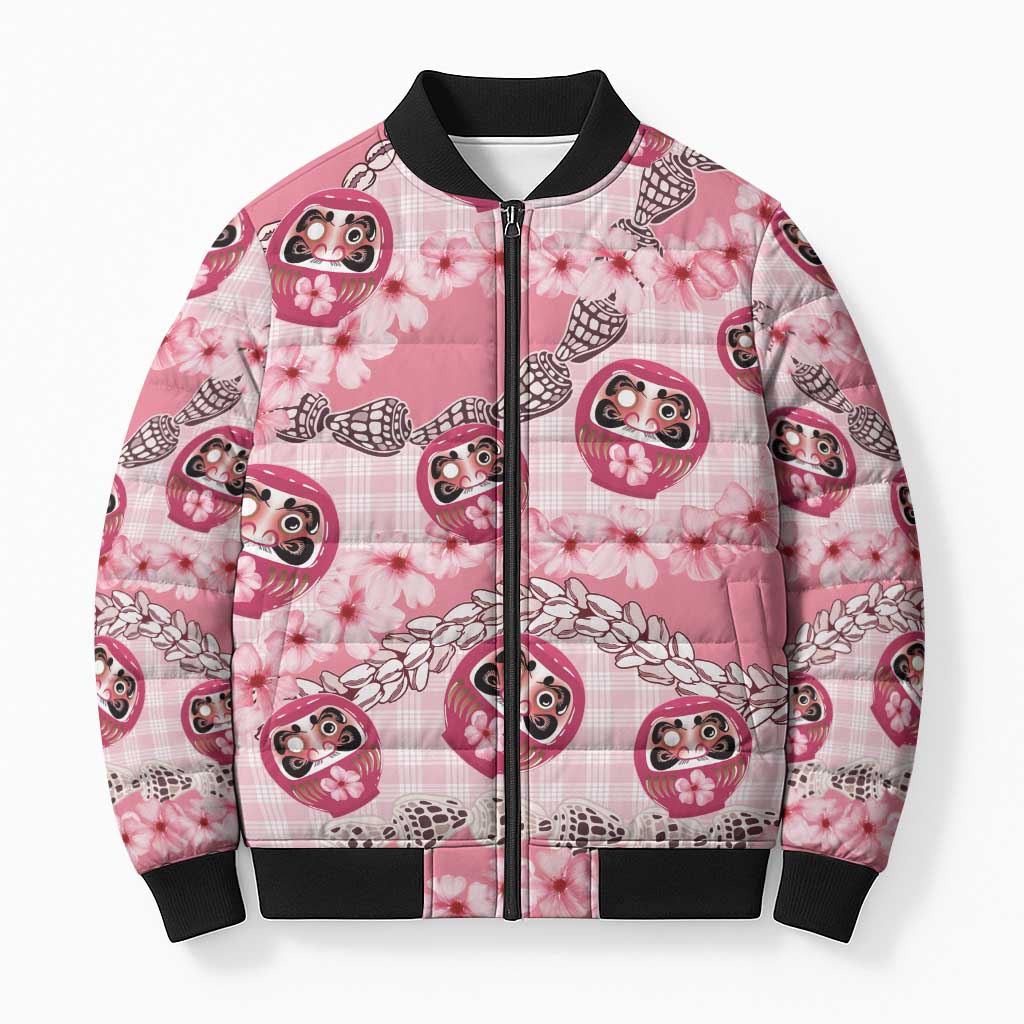 Japanese Daruma Doll Palaka Bomber Puffer Jacket Cherry Blossoms With Shell Lei LT14 Unisex Pink - Polynesian Pride