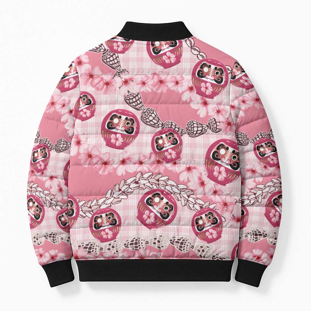 Japanese Daruma Doll Palaka Bomber Puffer Jacket Cherry Blossoms With Shell Lei LT14 - Polynesian Pride