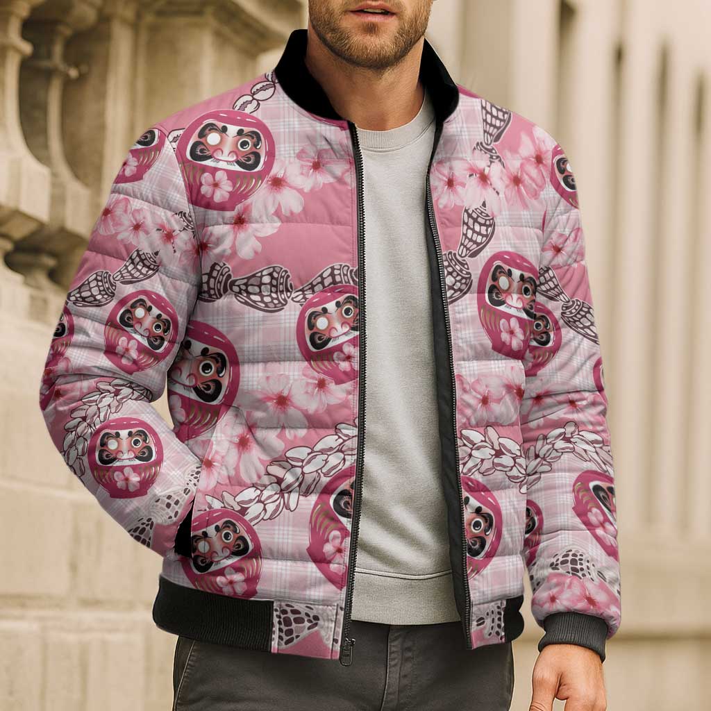 Japanese Daruma Doll Palaka Bomber Puffer Jacket Cherry Blossoms With Shell Lei LT14 - Polynesian Pride