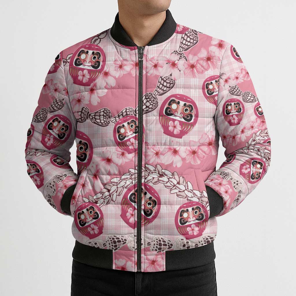 Japanese Daruma Doll Palaka Bomber Puffer Jacket Cherry Blossoms With Shell Lei LT14 - Polynesian Pride