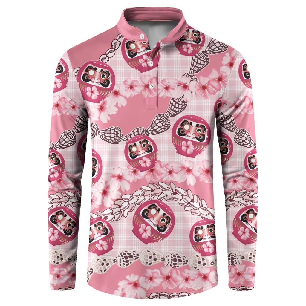 Japanese Daruma Doll Palaka Button Sweatshirt Cherry Blossoms With Shell Lei LT14 Pink - Polynesian Pride