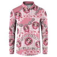 Japanese Daruma Doll Palaka Button Sweatshirt Cherry Blossoms With Shell Lei LT14 Pink - Polynesian Pride