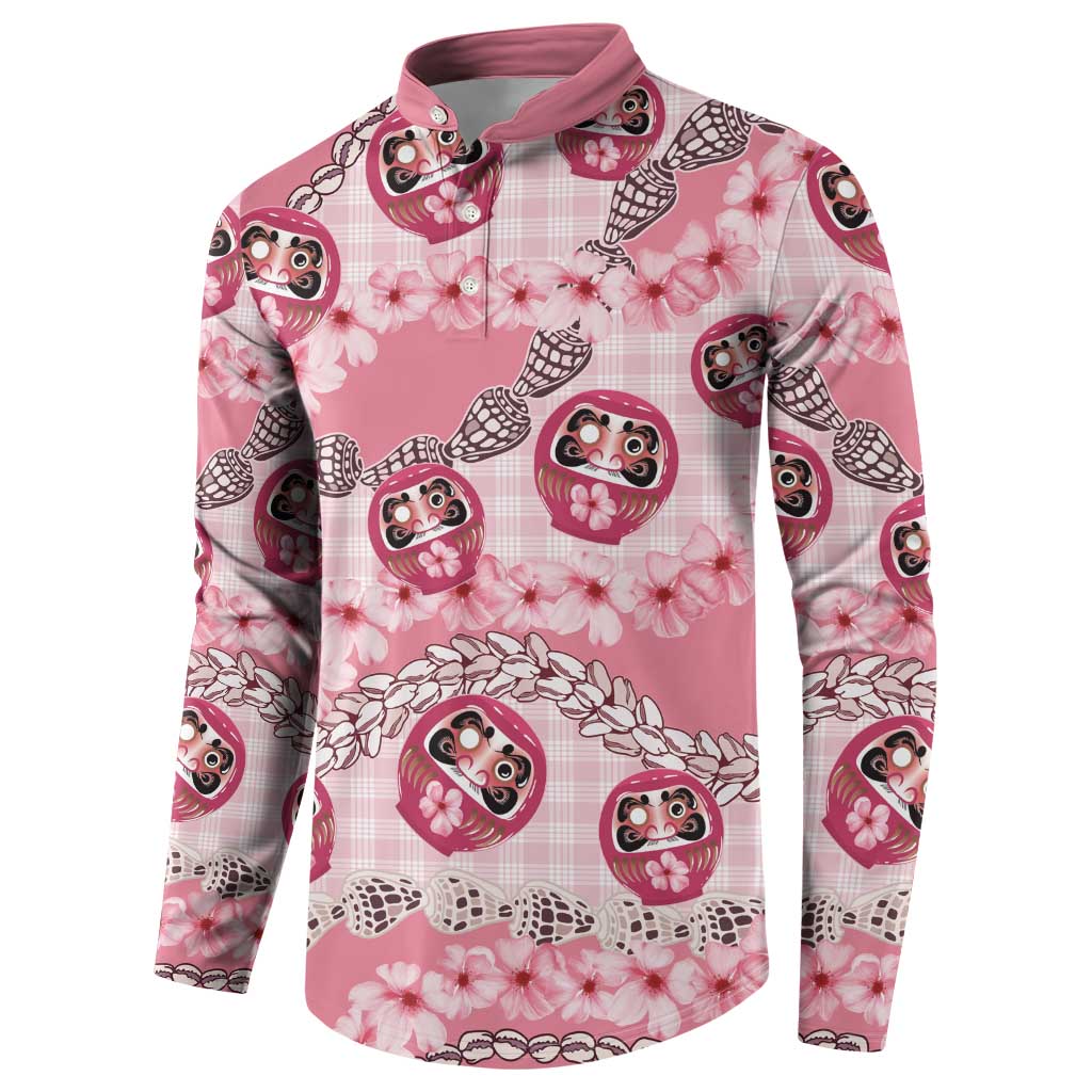 Japanese Daruma Doll Palaka Button Sweatshirt Cherry Blossoms With Shell Lei LT14 - Polynesian Pride