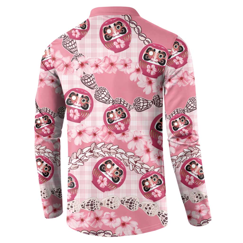 Japanese Daruma Doll Palaka Button Sweatshirt Cherry Blossoms With Shell Lei LT14 - Polynesian Pride