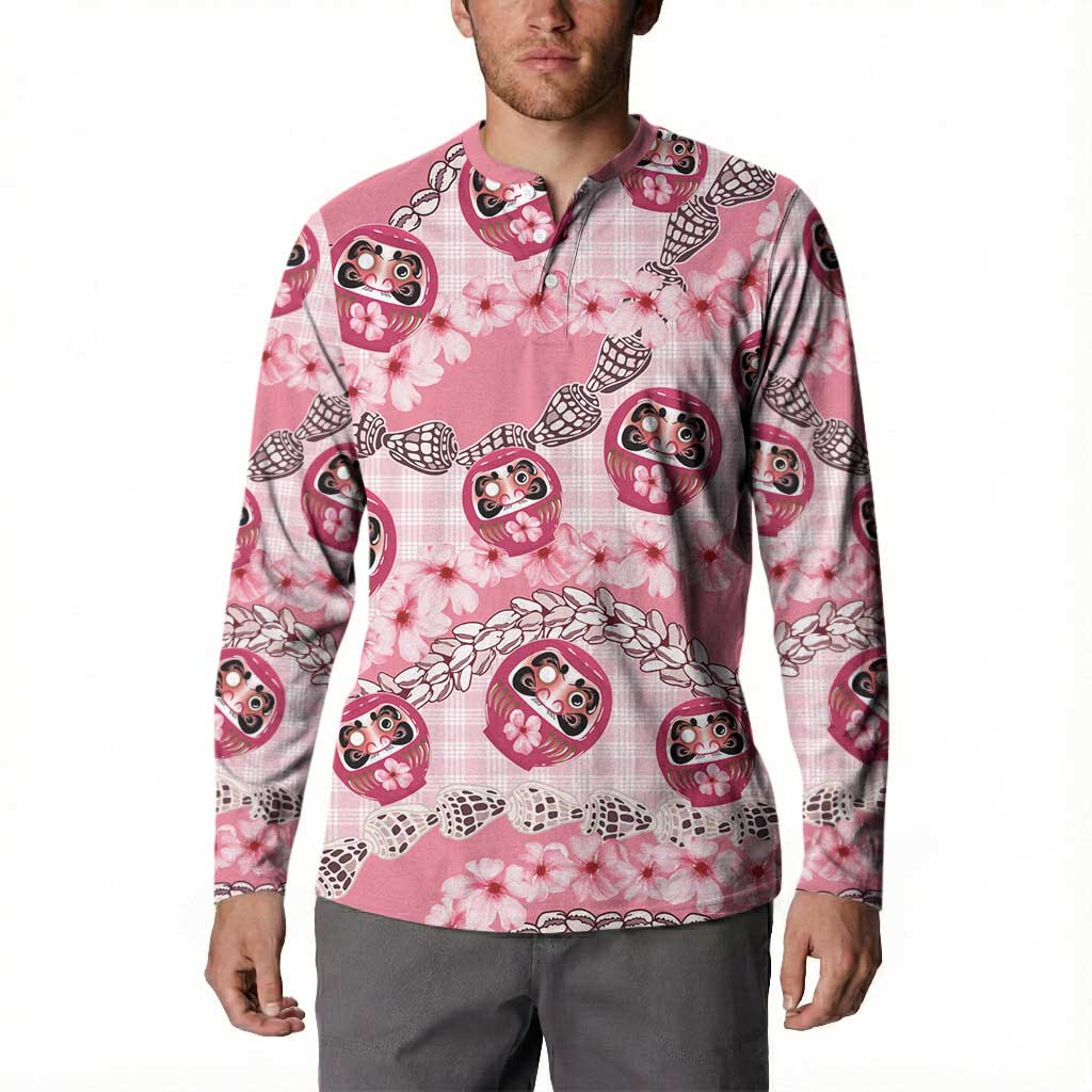 Japanese Daruma Doll Palaka Button Sweatshirt Cherry Blossoms With Shell Lei LT14 - Polynesian Pride