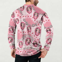 Japanese Daruma Doll Palaka Button Sweatshirt Cherry Blossoms With Shell Lei LT14 - Polynesian Pride