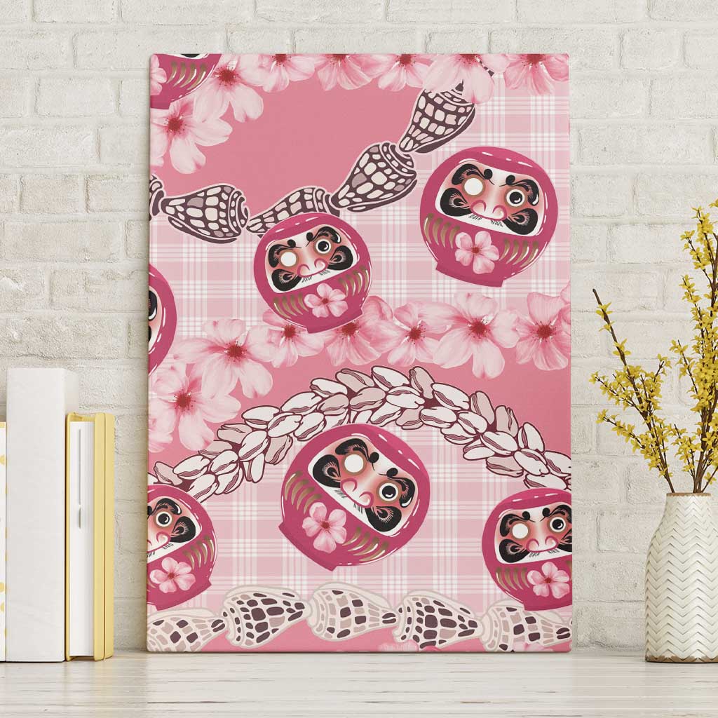 Japanese Daruma Doll Palaka Canvas Wall Art Cherry Blossoms With Shell Lei - Polynesian Pride