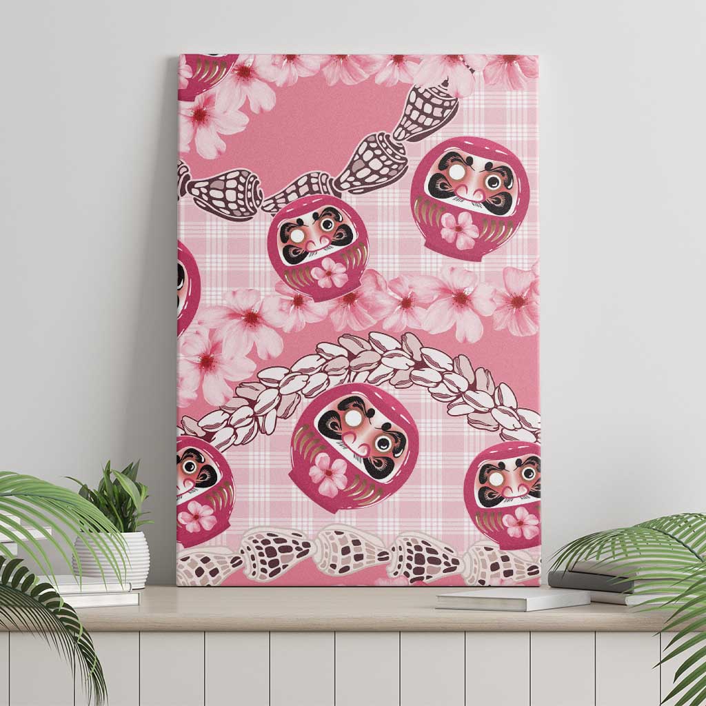Japanese Daruma Doll Palaka Canvas Wall Art Cherry Blossoms With Shell Lei - Polynesian Pride