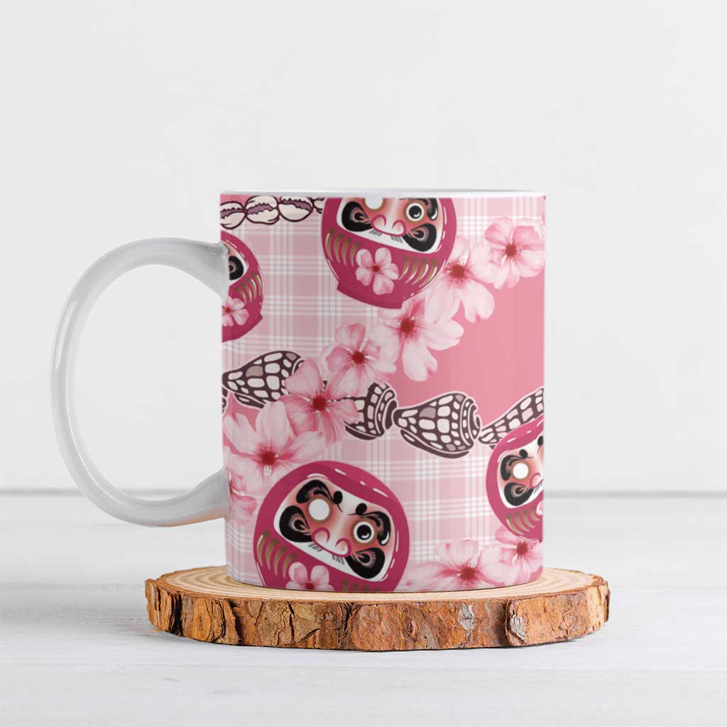 Japanese Daruma Doll Palaka Ceramic Mug Cherry Blossoms With Shell Lei LT14 Pink - Polynesian Pride