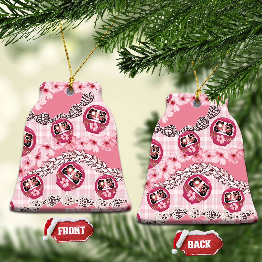 Japanese Daruma Doll Palaka Ceramic Ornament Cherry Blossoms With Shell Lei LT14 Bell Flake Pink - Polynesian Pride