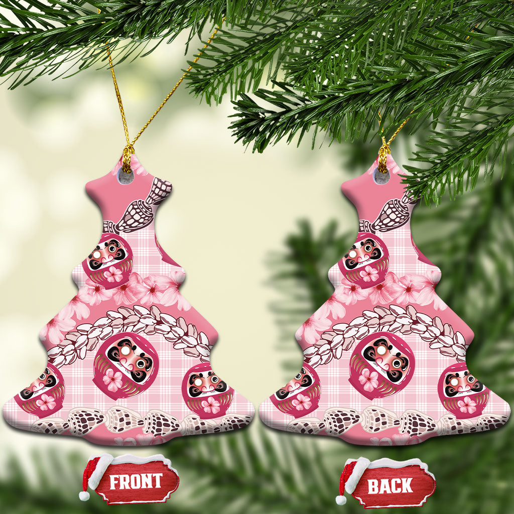Japanese Daruma Doll Palaka Ceramic Ornament Cherry Blossoms With Shell Lei LT14 Christmas Tree Pink - Polynesian Pride