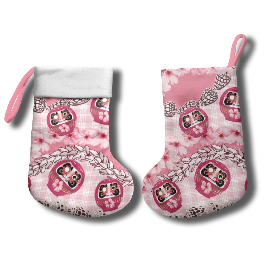 Japanese Daruma Doll Palaka Christmas Stocking Cherry Blossoms With Shell Lei LT14 - Polynesian Pride
