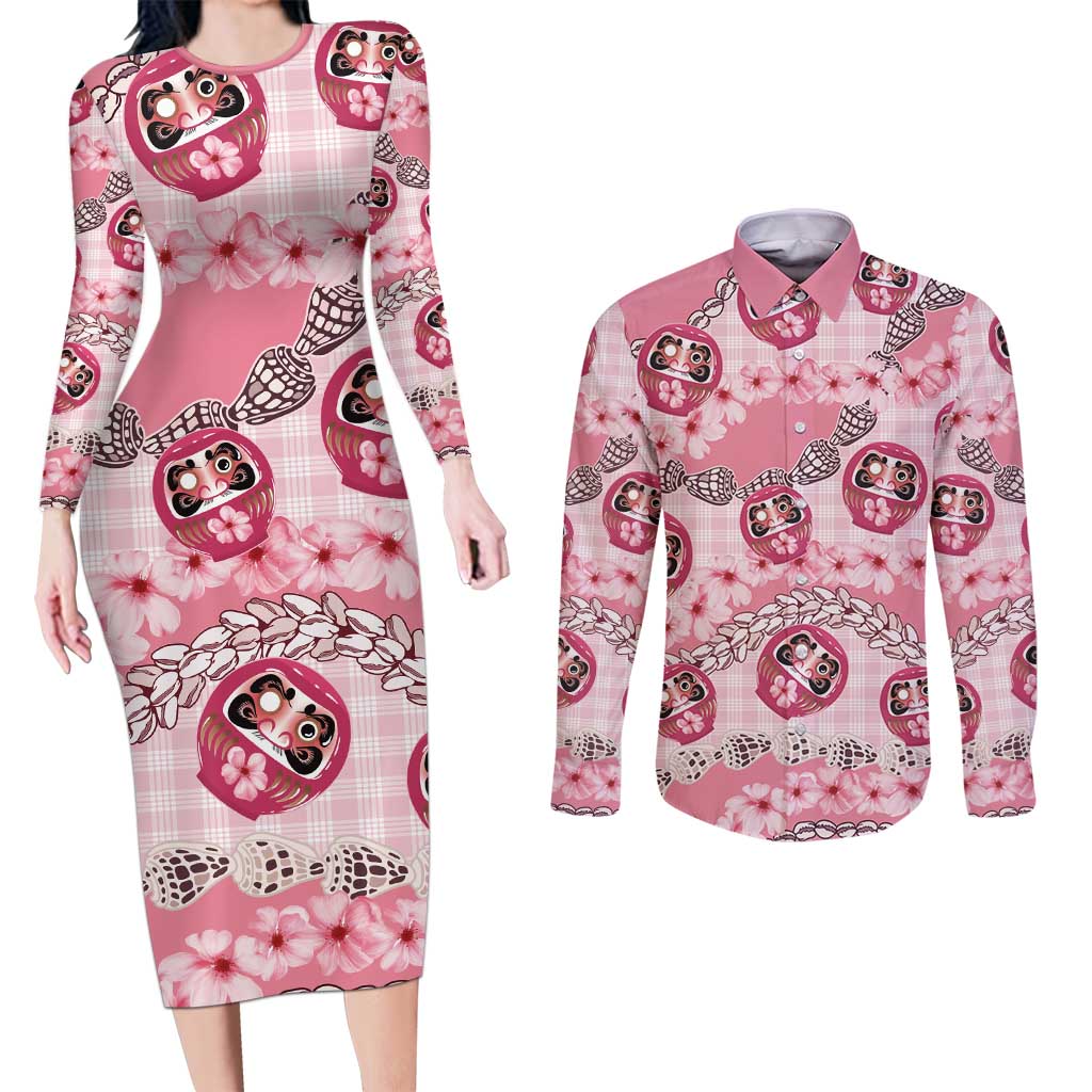 Japanese Daruma Doll Palaka Couples Matching Long Sleeve Bodycon Dress and Long Sleeve Button Shirt Cherry Blossoms With Shell Lei LT14 Pink - Polynesian Pride