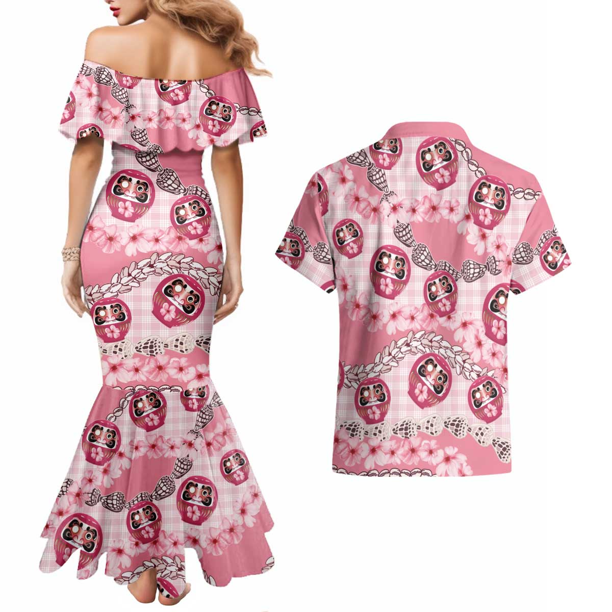 Japanese Daruma Doll Palaka Couples Matching Mermaid Dress and Hawaiian Shirt Cherry Blossoms With Shell Lei LT14 - Polynesian Pride