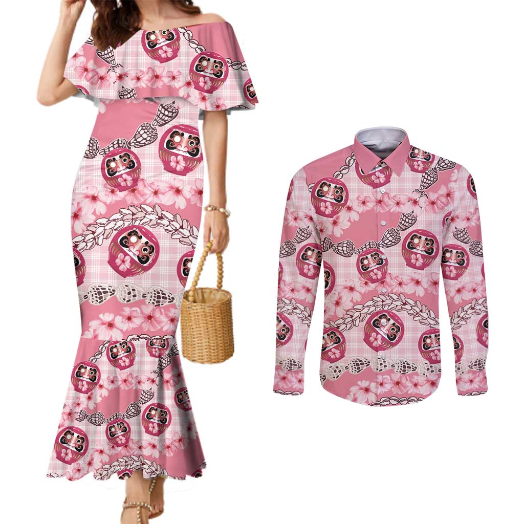 Japanese Daruma Doll Palaka Couples Matching Mermaid Dress and Long Sleeve Button Shirt Cherry Blossoms With Shell Lei LT14 Pink - Polynesian Pride
