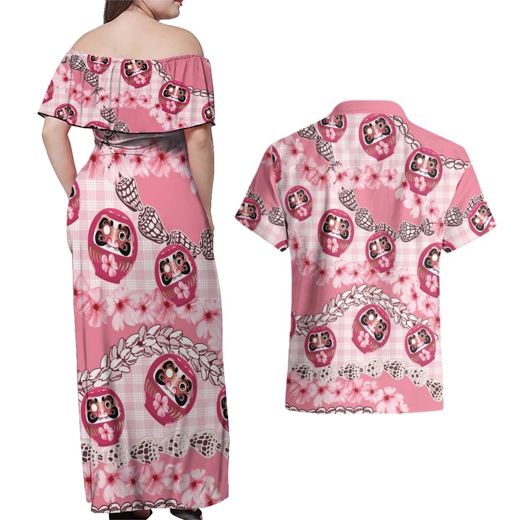 Japanese Daruma Doll Palaka Couples Matching Off Shoulder Maxi Dress and Hawaiian Shirt Cherry Blossoms With Shell Lei LT14 - Polynesian Pride