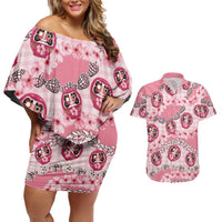 Japanese Daruma Doll Palaka Couples Matching Off Shoulder Short Dress and Hawaiian Shirt Cherry Blossoms With Shell Lei LT14 Pink - Polynesian Pride