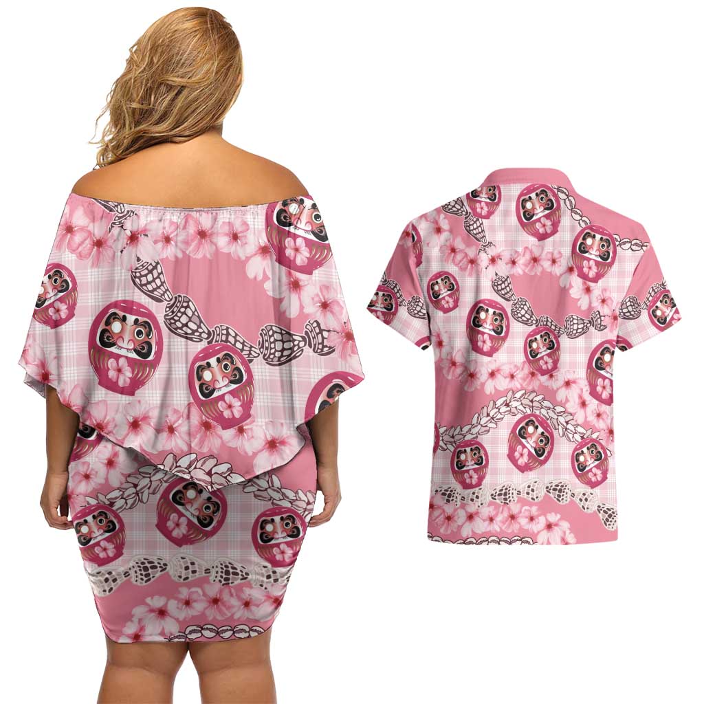 Japanese Daruma Doll Palaka Couples Matching Off Shoulder Short Dress and Hawaiian Shirt Cherry Blossoms With Shell Lei LT14 - Polynesian Pride
