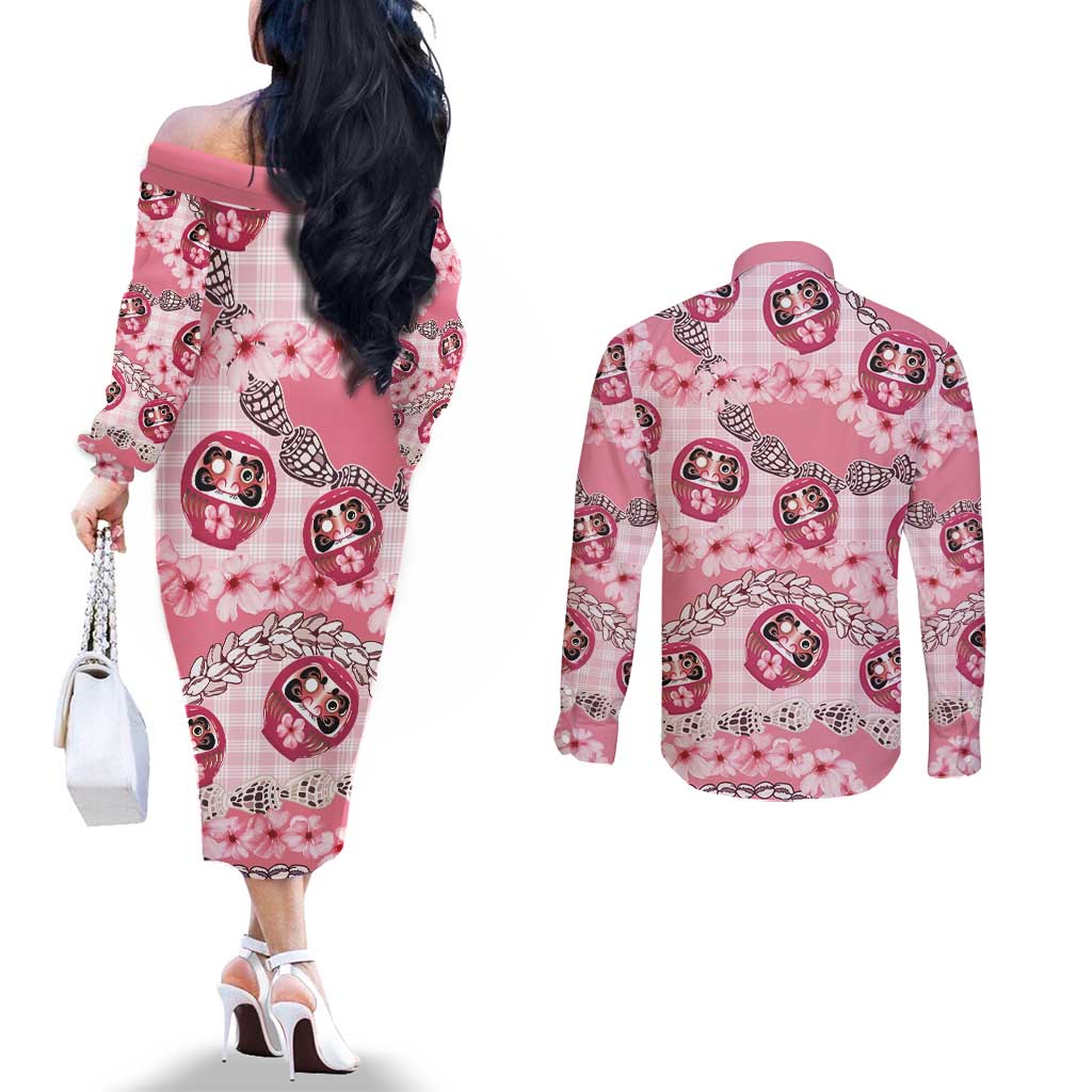 Japanese Daruma Doll Palaka Couples Matching Off The Shoulder Long Sleeve Dress and Long Sleeve Button Shirt Cherry Blossoms With Shell Lei LT14 - Polynesian Pride