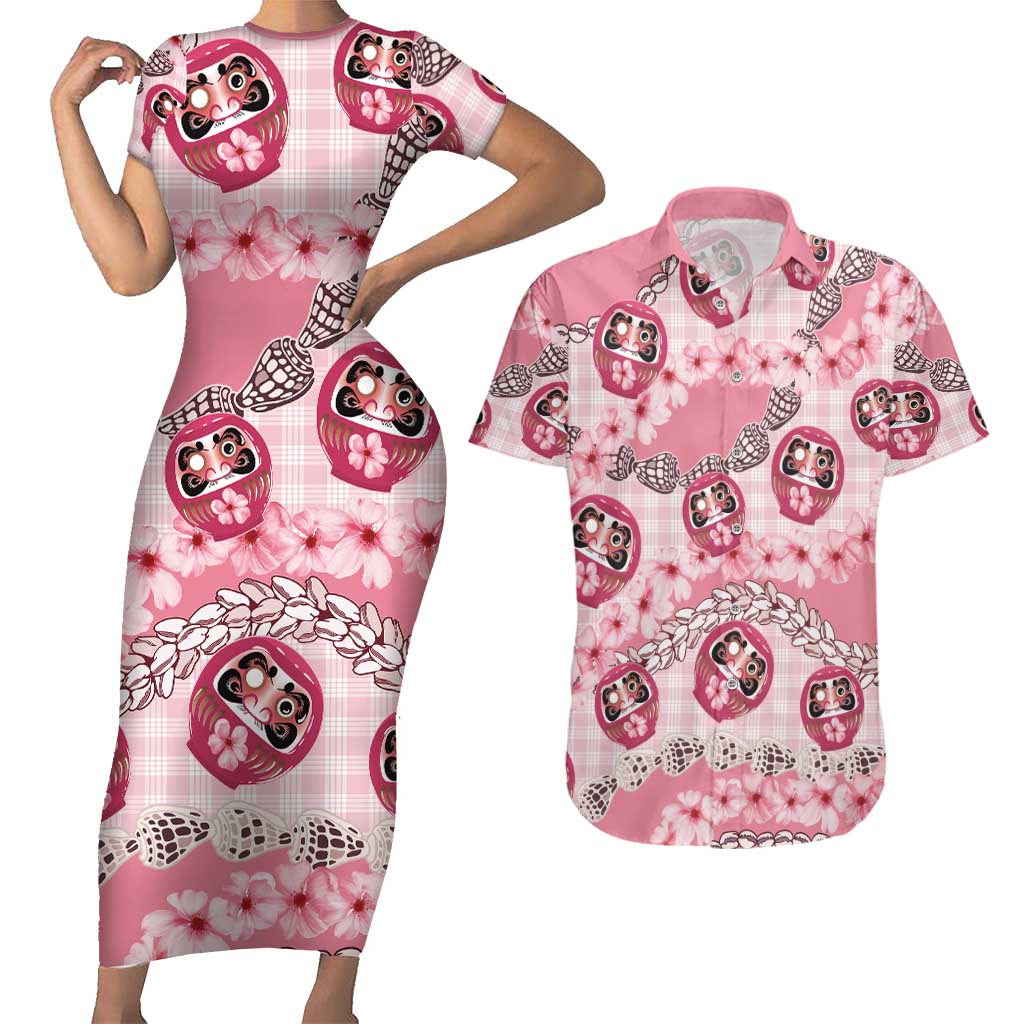 Japanese Daruma Doll Palaka Couples Matching Short Sleeve Bodycon Dress and Hawaiian Shirt Cherry Blossoms With Shell Lei LT14 Pink - Polynesian Pride
