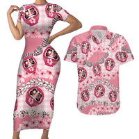 Japanese Daruma Doll Palaka Couples Matching Short Sleeve Bodycon Dress and Hawaiian Shirt Cherry Blossoms With Shell Lei LT14 Pink - Polynesian Pride