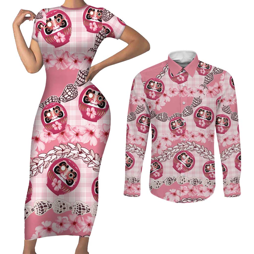 Japanese Daruma Doll Palaka Couples Matching Short Sleeve Bodycon Dress and Long Sleeve Button Shirt Cherry Blossoms With Shell Lei LT14 Pink - Polynesian Pride
