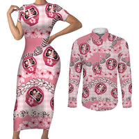 Japanese Daruma Doll Palaka Couples Matching Short Sleeve Bodycon Dress and Long Sleeve Button Shirt Cherry Blossoms With Shell Lei LT14 Pink - Polynesian Pride