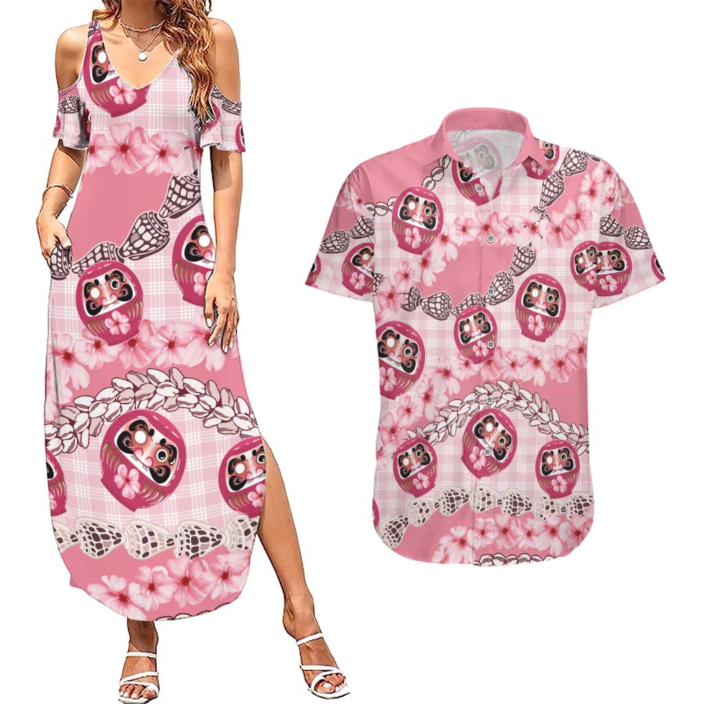 Japanese Daruma Doll Palaka Couples Matching Summer Maxi Dress and Hawaiian Shirt Cherry Blossoms With Shell Lei LT14 Pink - Polynesian Pride