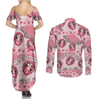 Japanese Daruma Doll Palaka Couples Matching Summer Maxi Dress and Long Sleeve Button Shirt Cherry Blossoms With Shell Lei - Polynesian Pride