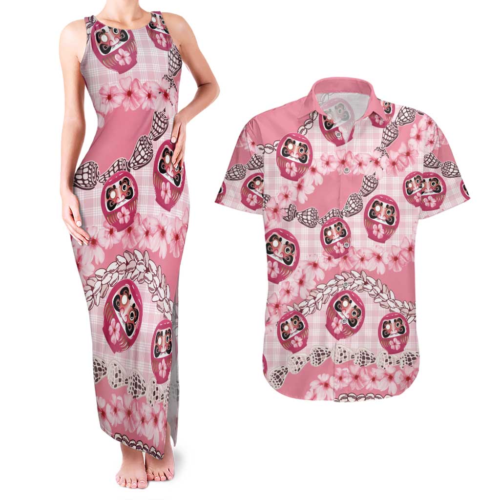 Japanese Daruma Doll Palaka Couples Matching Tank Maxi Dress and Hawaiian Shirt Cherry Blossoms With Shell Lei LT14 Pink - Polynesian Pride