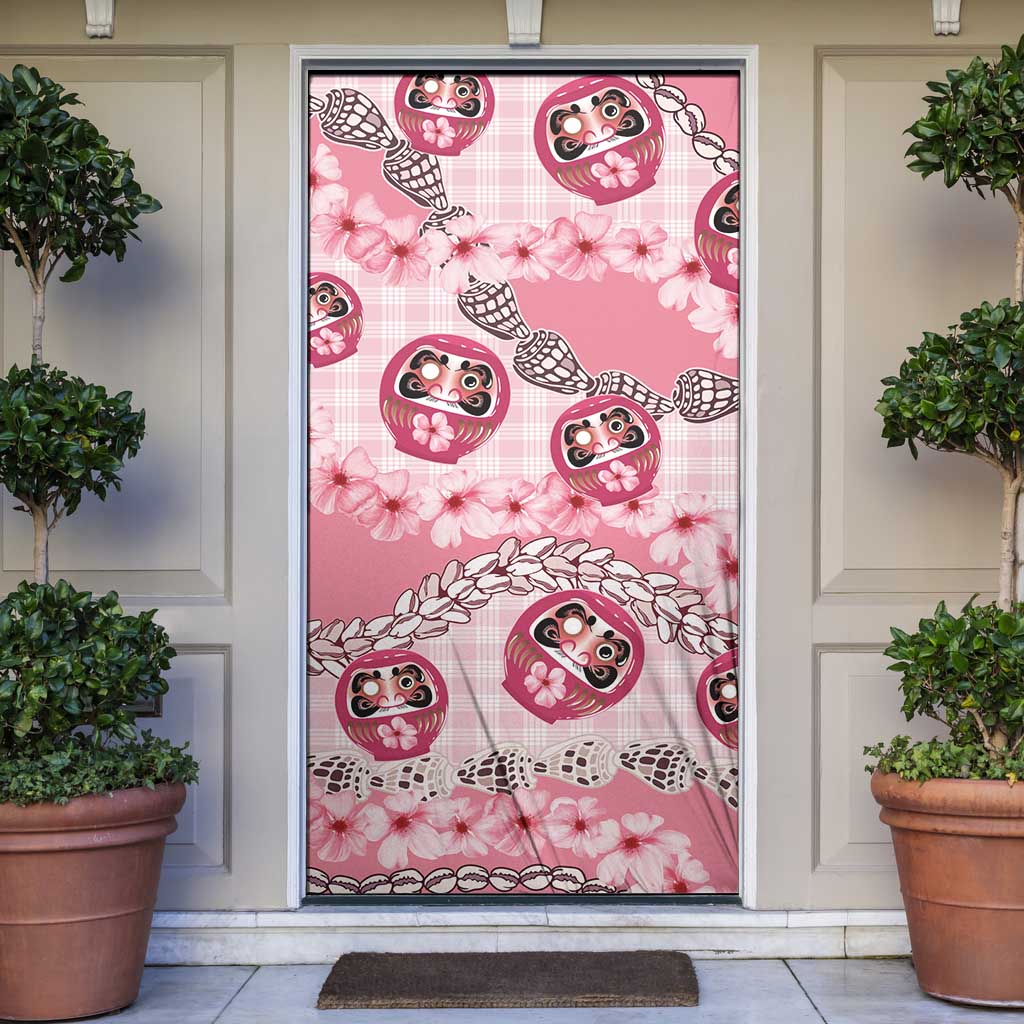 Japanese Daruma Doll Palaka Door Cover Cherry Blossoms With Shell Lei - Polynesian Pride