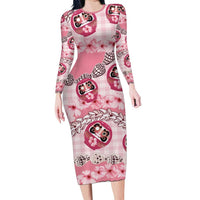 Japanese Daruma Doll Palaka Family Matching Long Sleeve Bodycon Dress and Hawaiian Shirt Cherry Blossoms With Shell Lei - Polynesian Pride