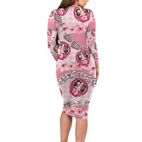 Japanese Daruma Doll Palaka Family Matching Long Sleeve Bodycon Dress and Hawaiian Shirt Cherry Blossoms With Shell Lei - Polynesian Pride