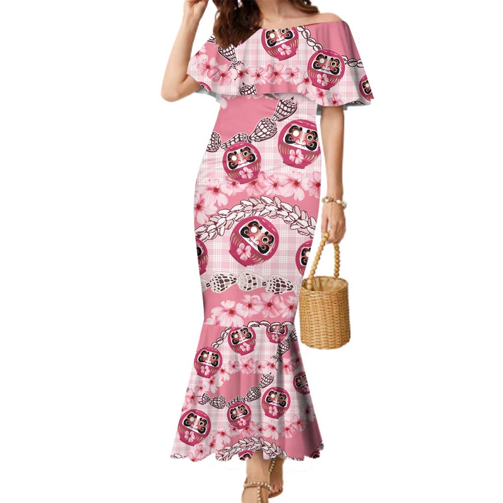 Japanese Daruma Doll Palaka Family Matching Mermaid Dress and Hawaiian Shirt Cherry Blossoms With Shell Lei - Polynesian Pride
